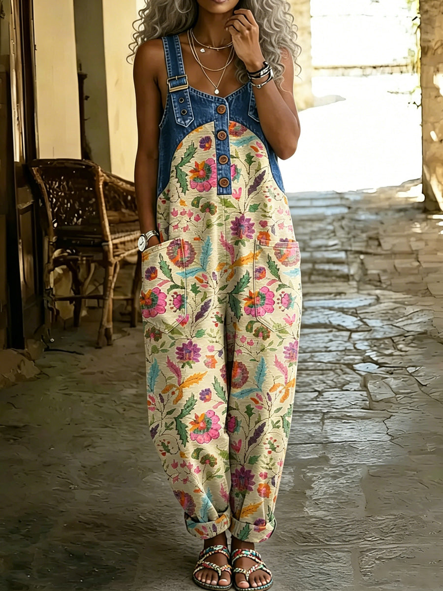 Women's Retro Style Print Washed Cotton Denim Patchwork Jumpsuit